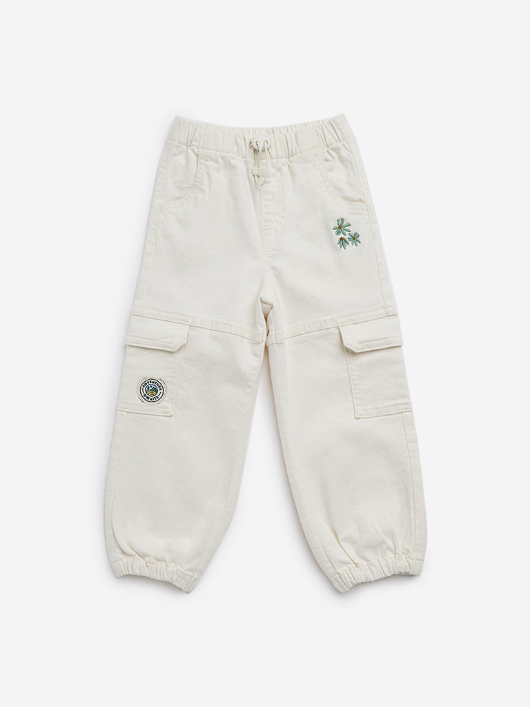 HOP Kids Off-White Floral Mid-Rise Denim Joggers