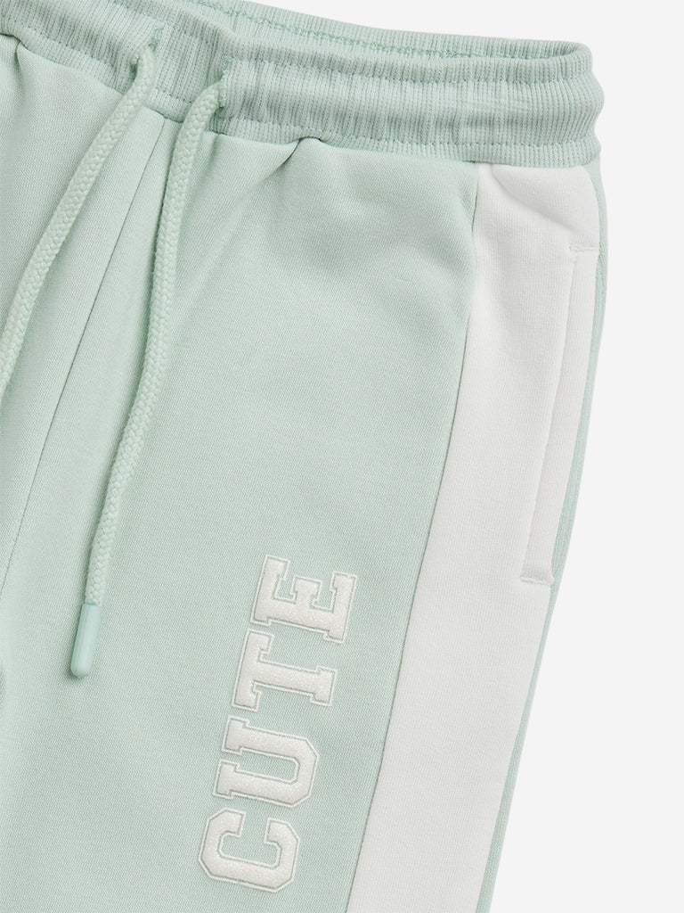 HOP Kids Sage Text Embroidered Mid-Rise Cotton-Blend Joggers