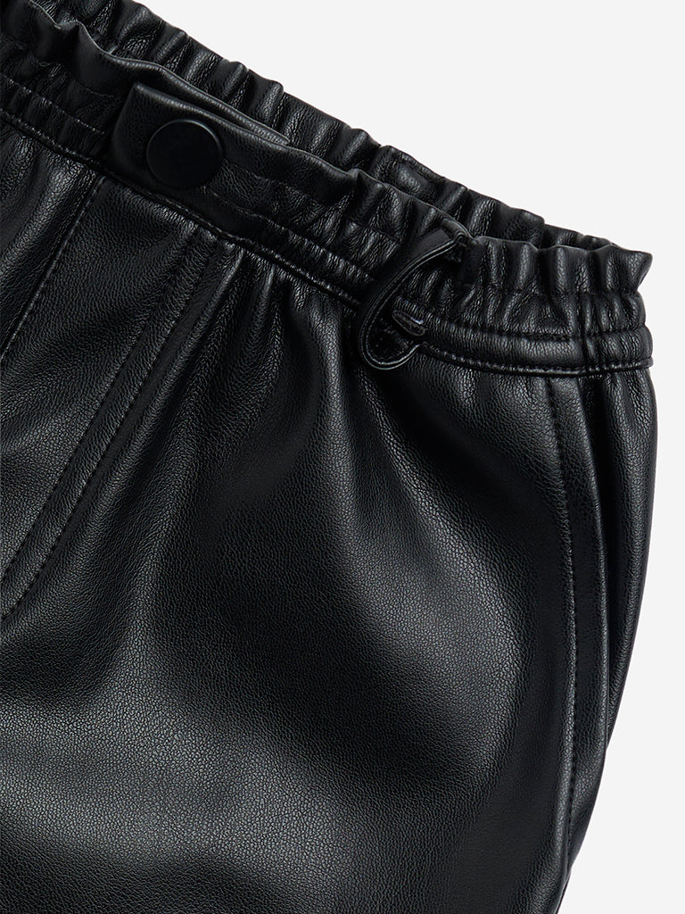 Westside HOP Kids Black Faux Leather High-Rise Shorts for Casual Wear Zoomed View