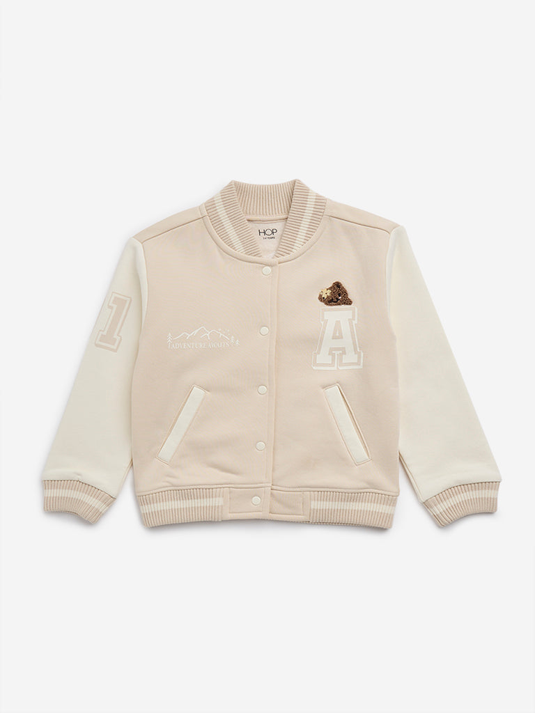 Westside HOP Kids Beige Cotton-Blend Varsity Jacket for Casual Wear Front View