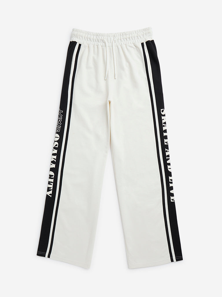Y&F Kids Off-White Text Design Mid-Rise Cotton-Blend Track Pants
