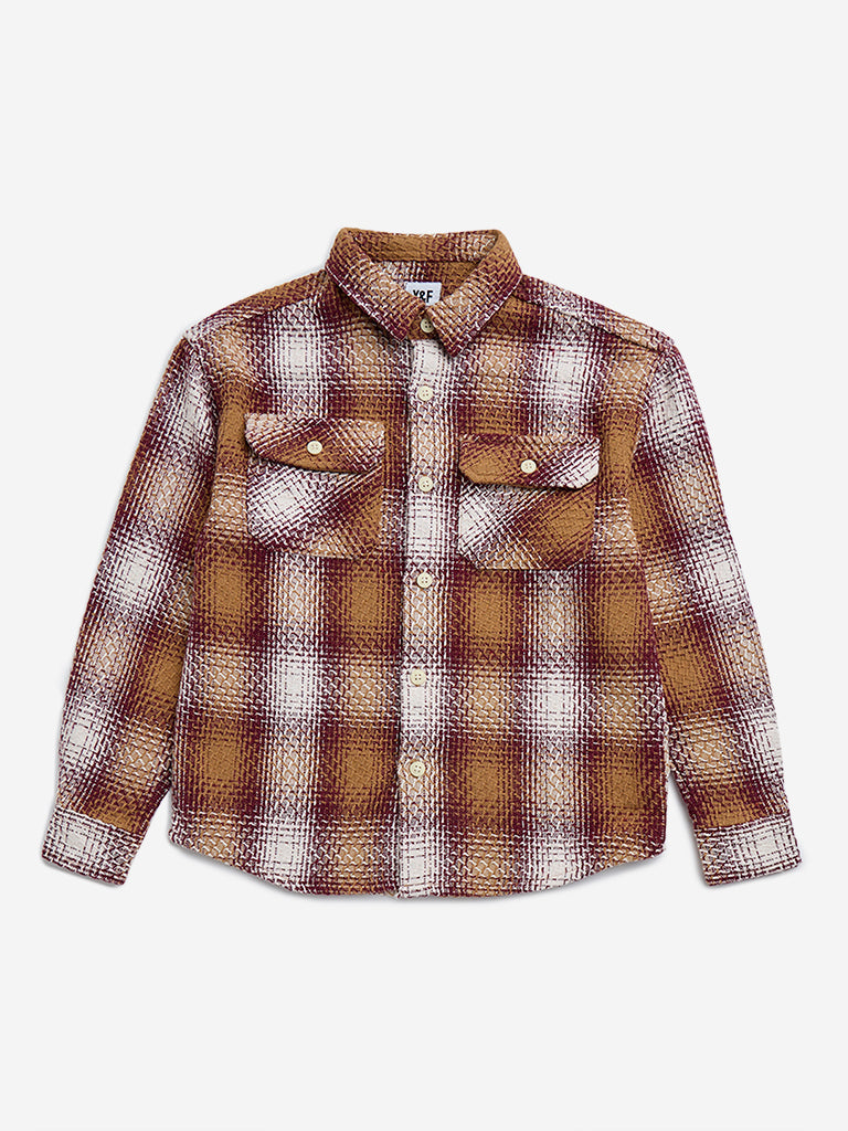 Y&F Kids Brown Checks Knit-Textured Cotton-Blend Shirt
