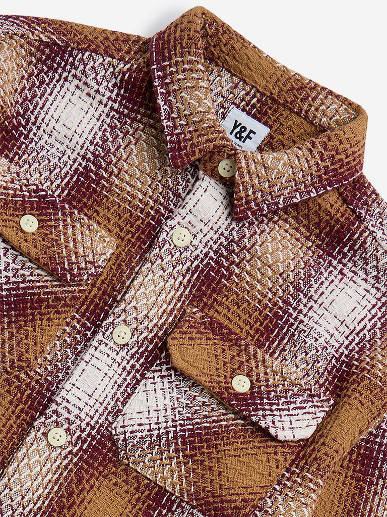 Y&F Kids Brown Checks Knit-Textured Cotton-Blend Shirt