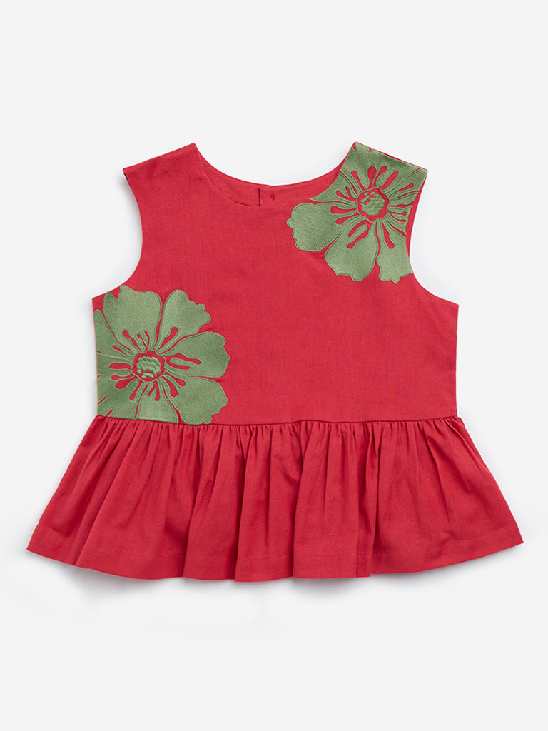 Utsa Kids Red Floral Printed Cotton-Blend Top - (8 - 14yrs)