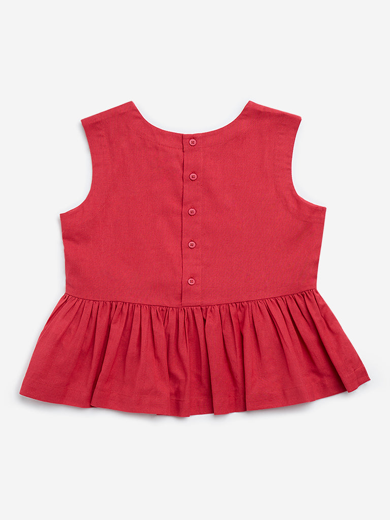Utsa Kids Red Floral Printed Cotton-Blend Top - (8 - 14yrs)