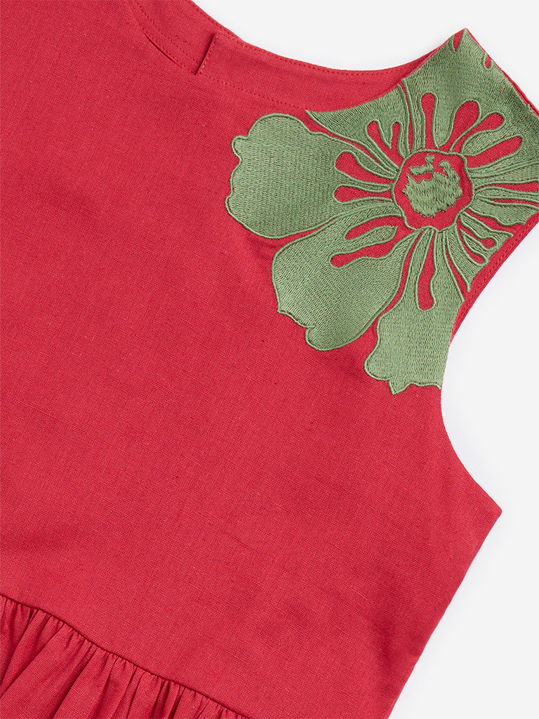 Utsa Kids Red Floral Printed Cotton-Blend Top - (8 - 14yrs)