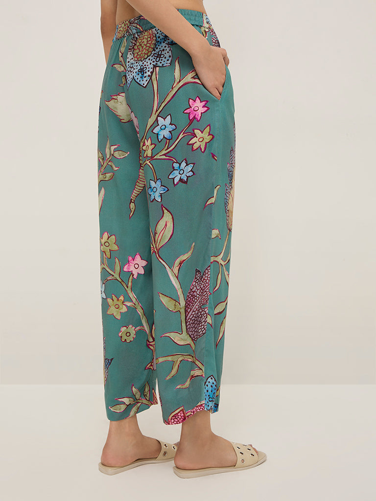 Utsa Teal Botanical Printed Ethnic Pants