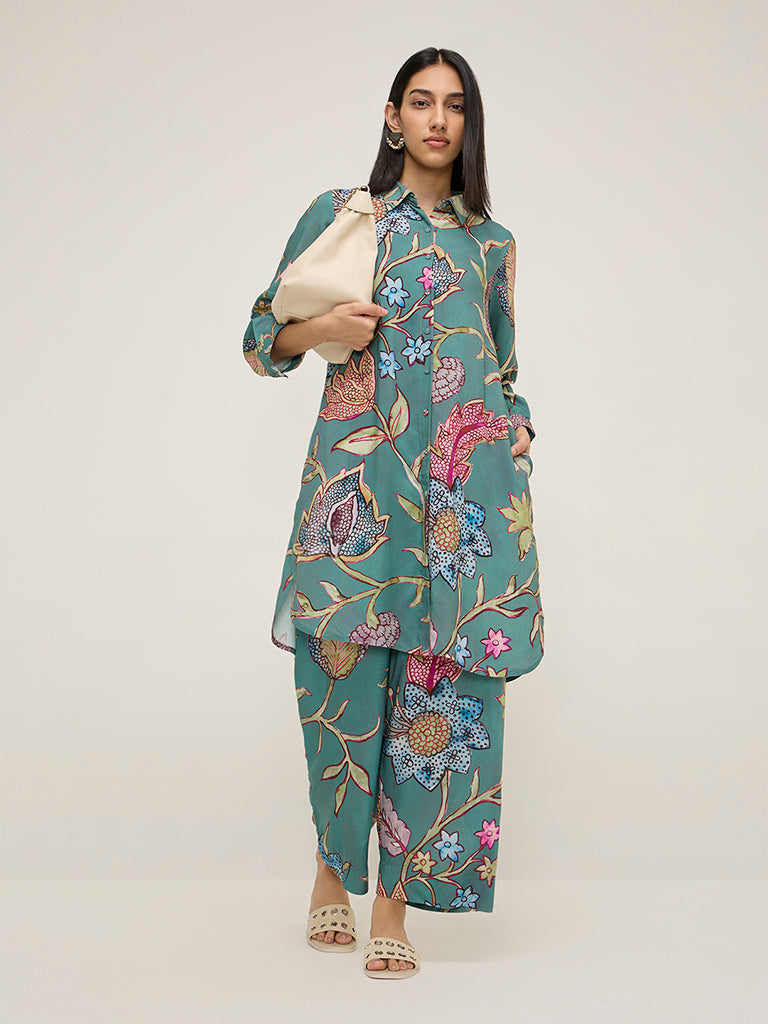Utsa Teal Botanical Printed Ethnic Pants