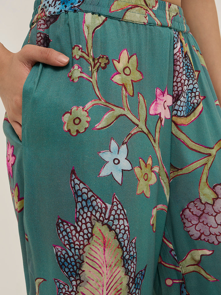 Utsa Teal Botanical Printed Ethnic Pants