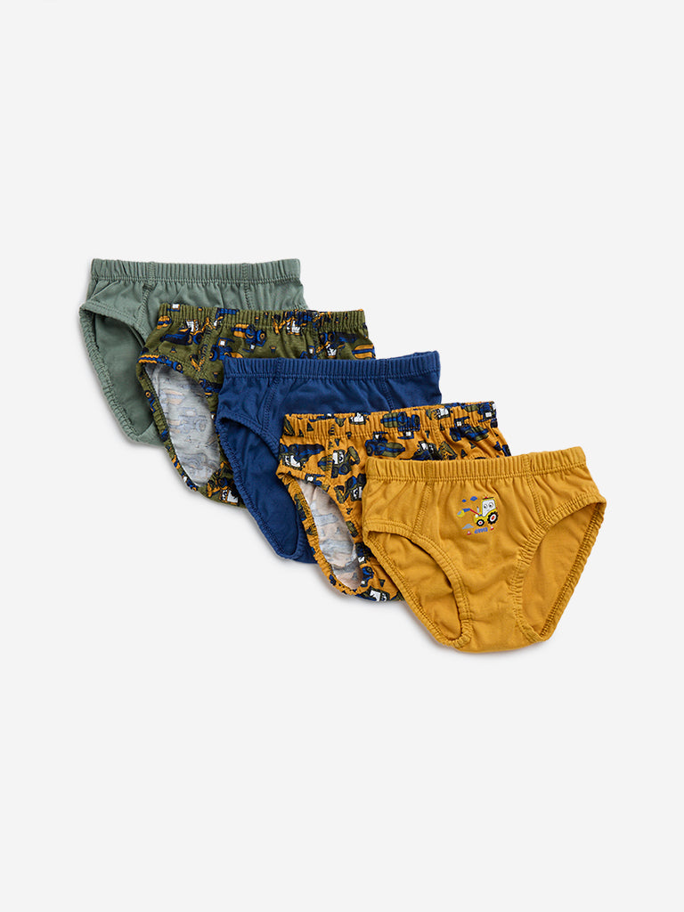 HOP Kids Green Printed Cotton-Blend Briefs - Pack of 5
