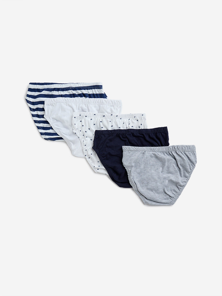 Y&F Kids Navy Printed Cotton Briefs - Pack of 5