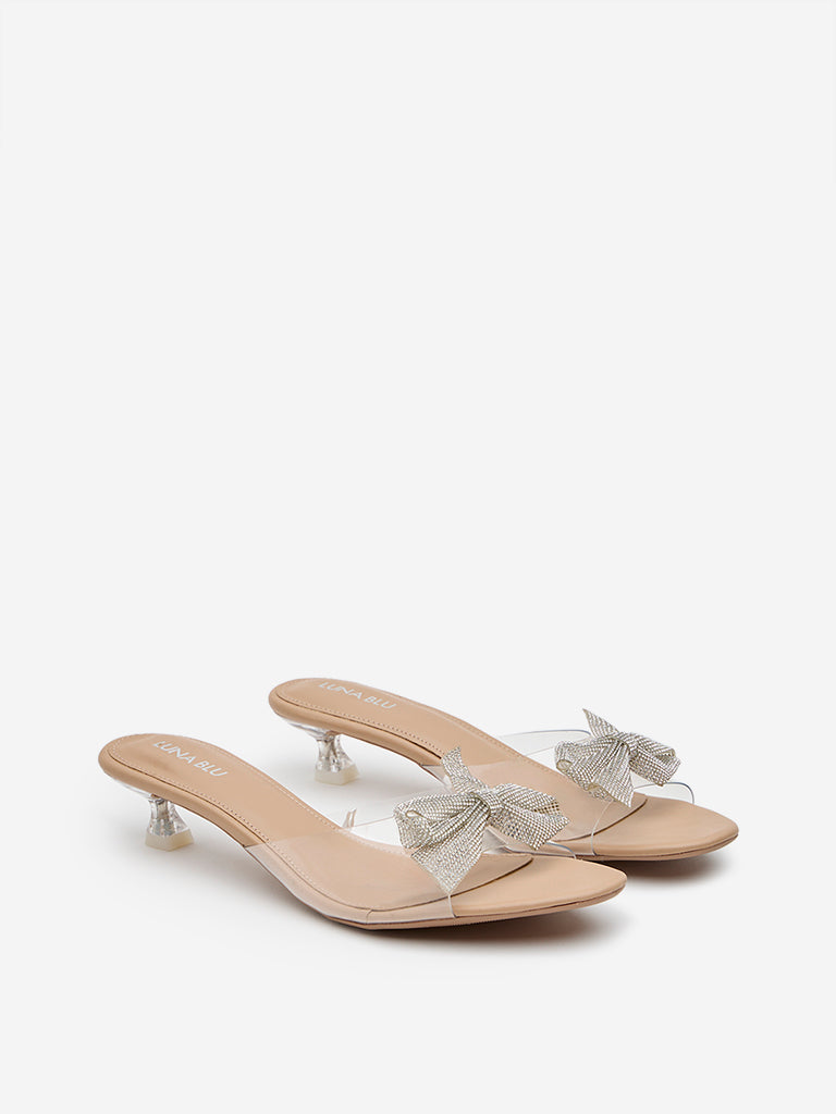Westside LUNA BLU Women's Transparent Diamante Bow-Detailed Vinyl Heels Front View
