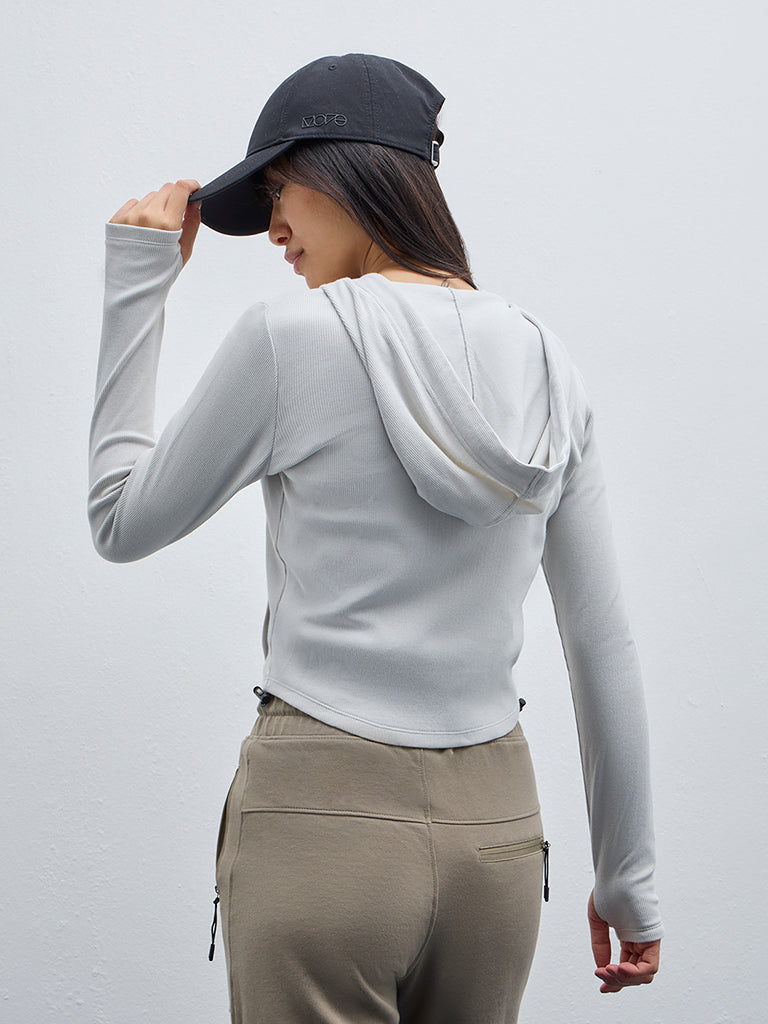 Westside Studiofit Women's Light Grey Ribbed Cotton-Blend Jacket for Sports Wear Back View