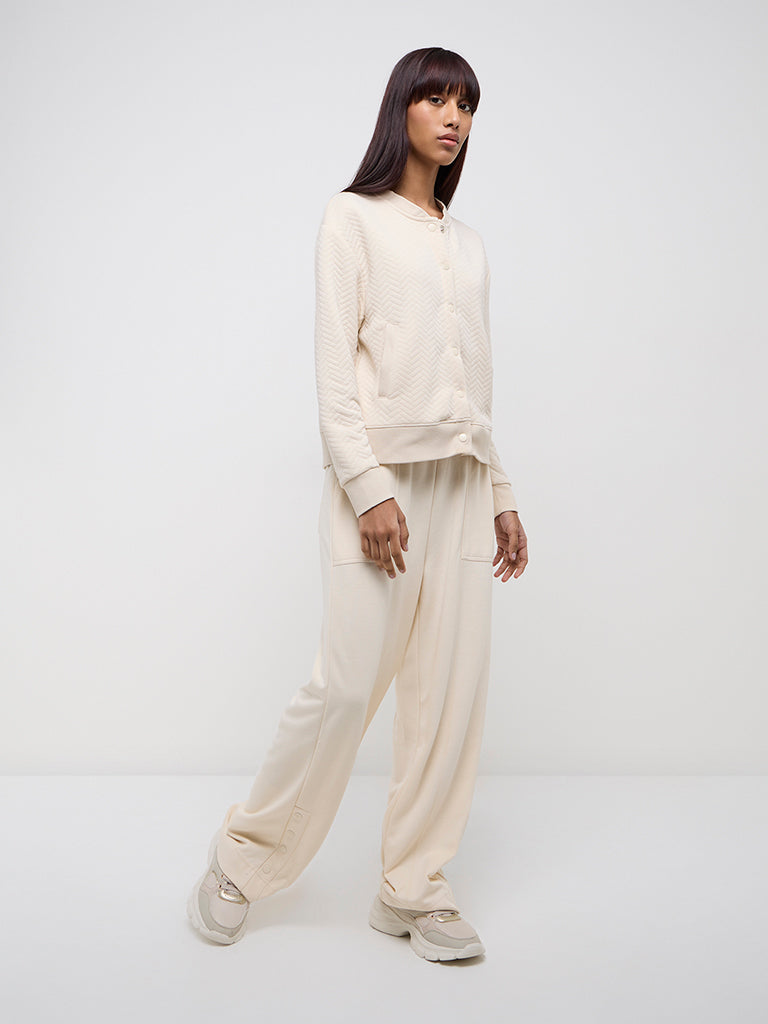 Studiofit Beige Chevron Textured Cotton-Blend Jacket