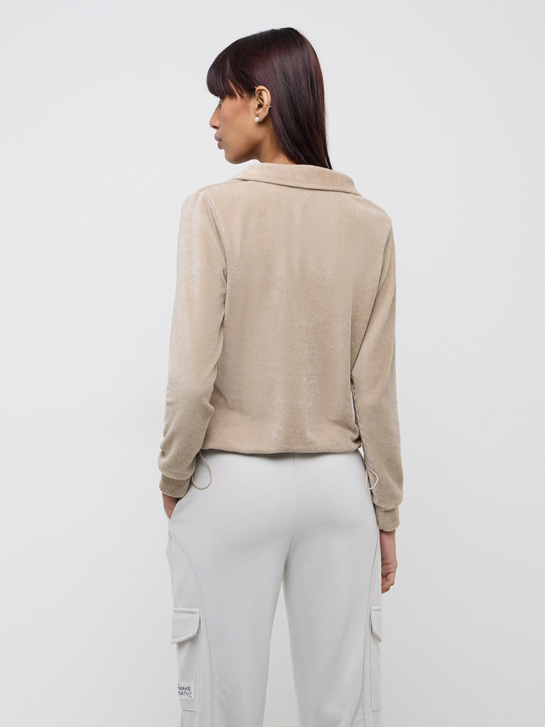Westside Studiofit Women's Beige Self-Striped Cotton Sweatshirt for Winter Wear Back View