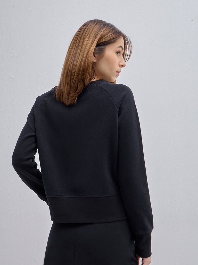 Westside Studiofit Women's Black Cotton Sweatshirt for Winter Wear Back View