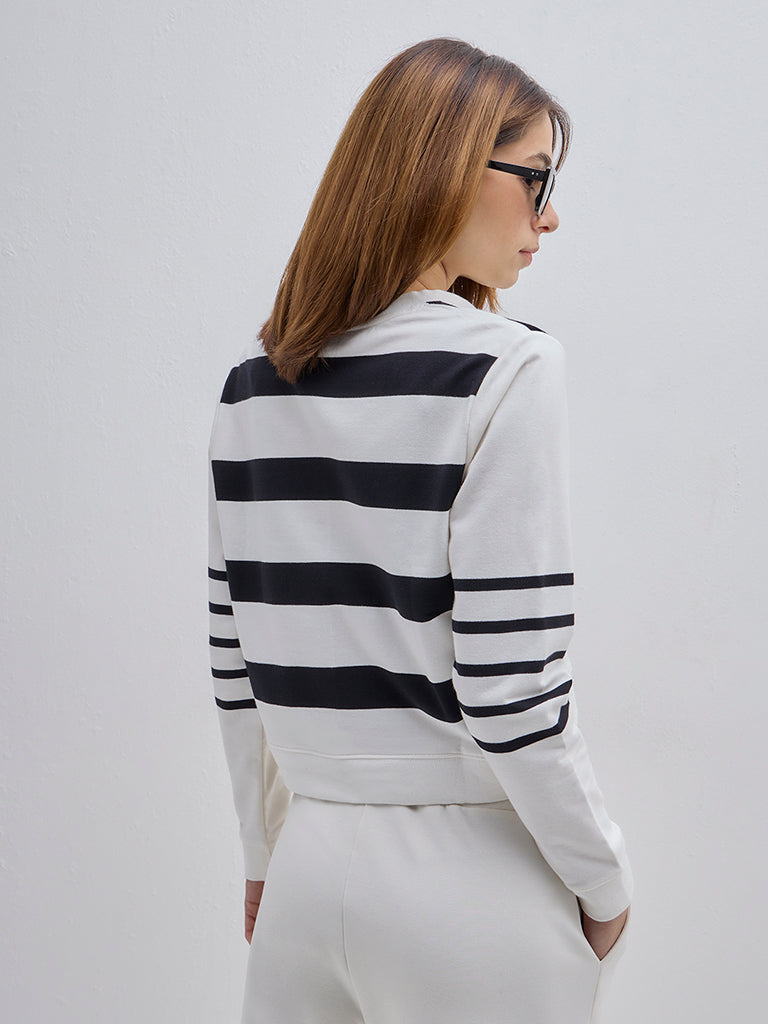 Westside Studiofit Women's Black Striped Cotton-Blend T-Shirt for Sports Wear Back View