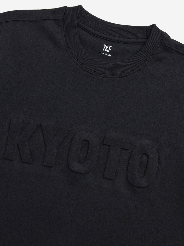Westside Y&F Boy's Black Text Embossed Cotton T-Shirt for Casual Wear Zoomed View