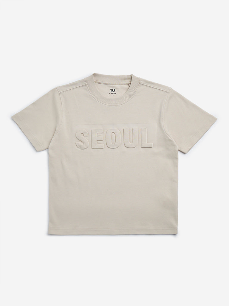 Y&F Kids Beige Text Embossed Cotton T-Shirt