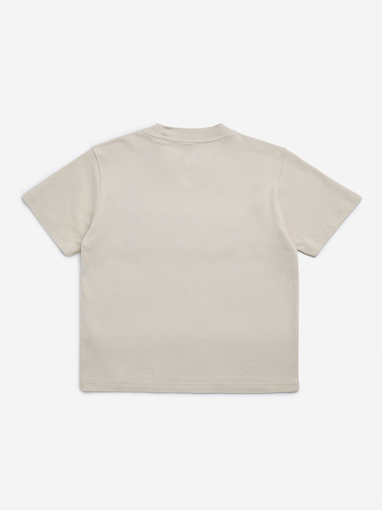 Y&F Kids Beige Text Embossed Cotton T-Shirt