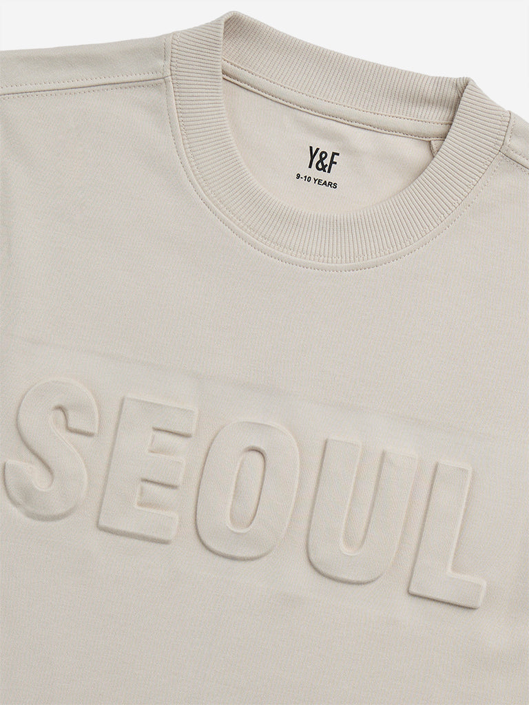 Y&F Kids Beige Text Embossed Cotton T-Shirt