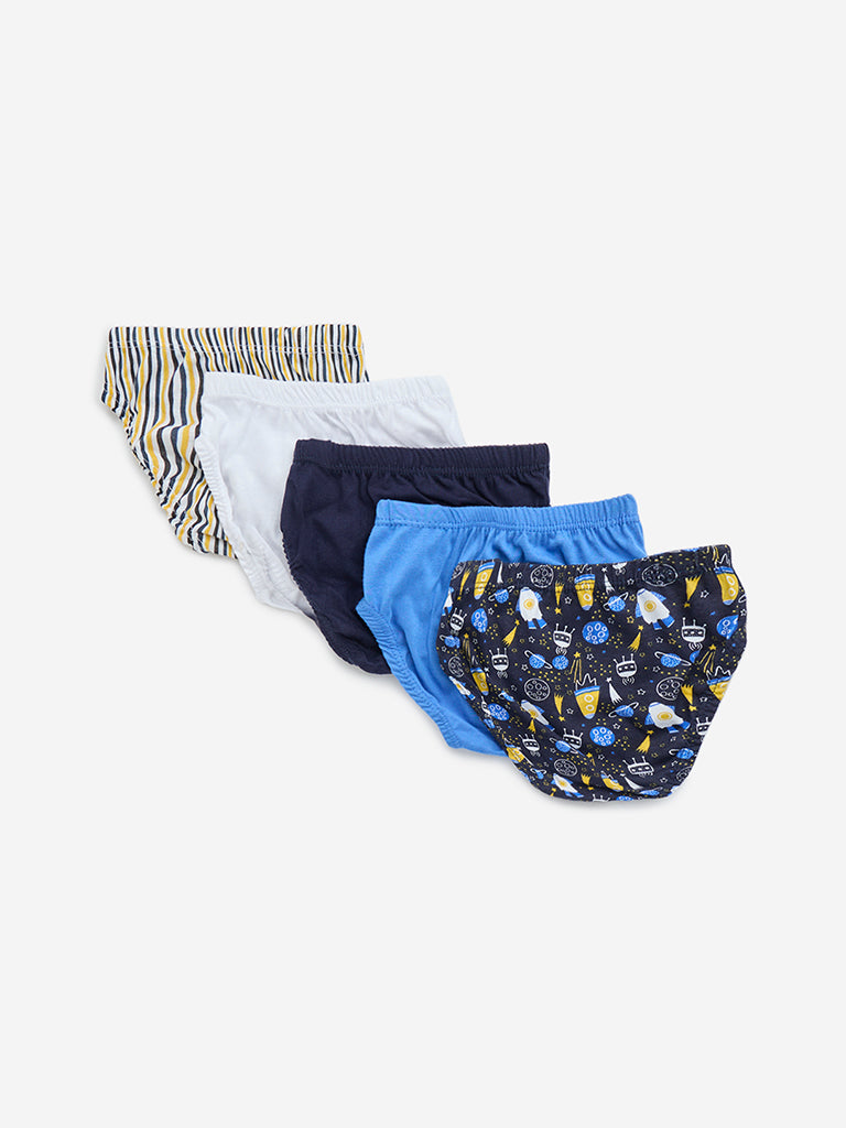 HOP Kids Blue Printed Cotton Briefs - Pack of 5
