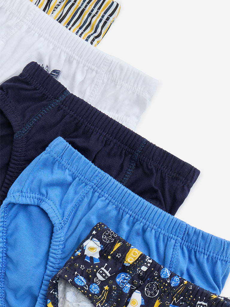 HOP Kids Blue Printed Cotton Briefs - Pack of 5