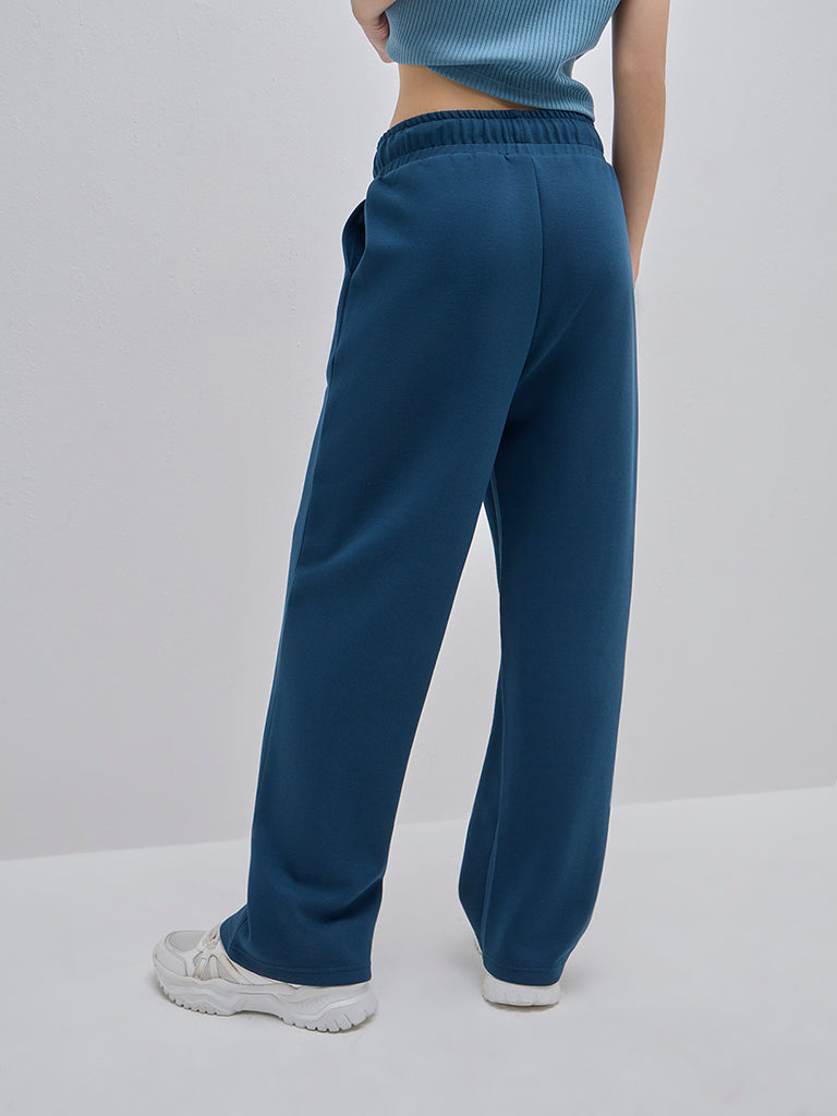 Westside Studiofit Women's Teal High-Rise Track Pants for Sports Wear Back View