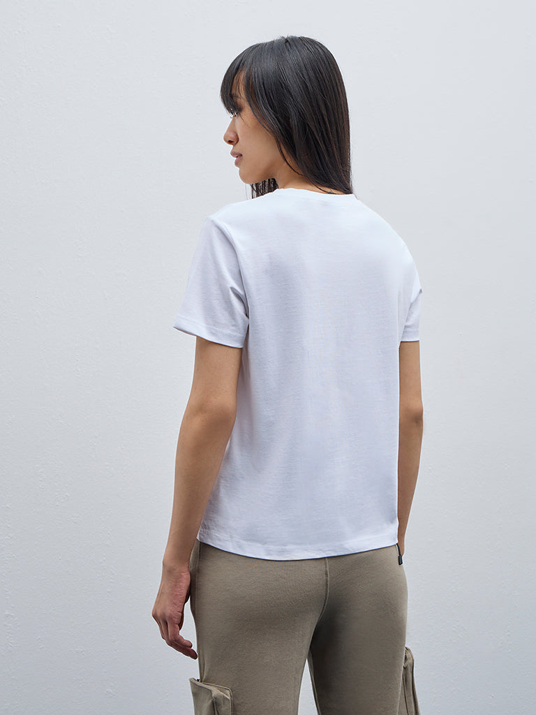 Studiofit White Text Printed Cotton T-Shirt