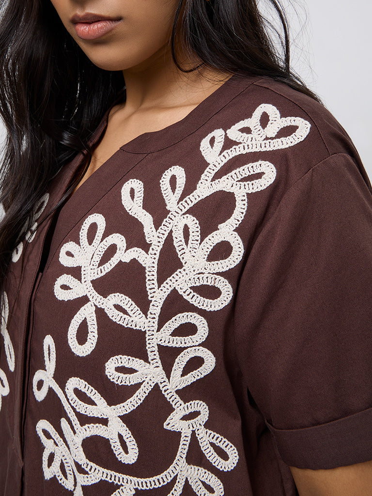 Gia Dark Brown Embroidered Cotton A-Line Dress