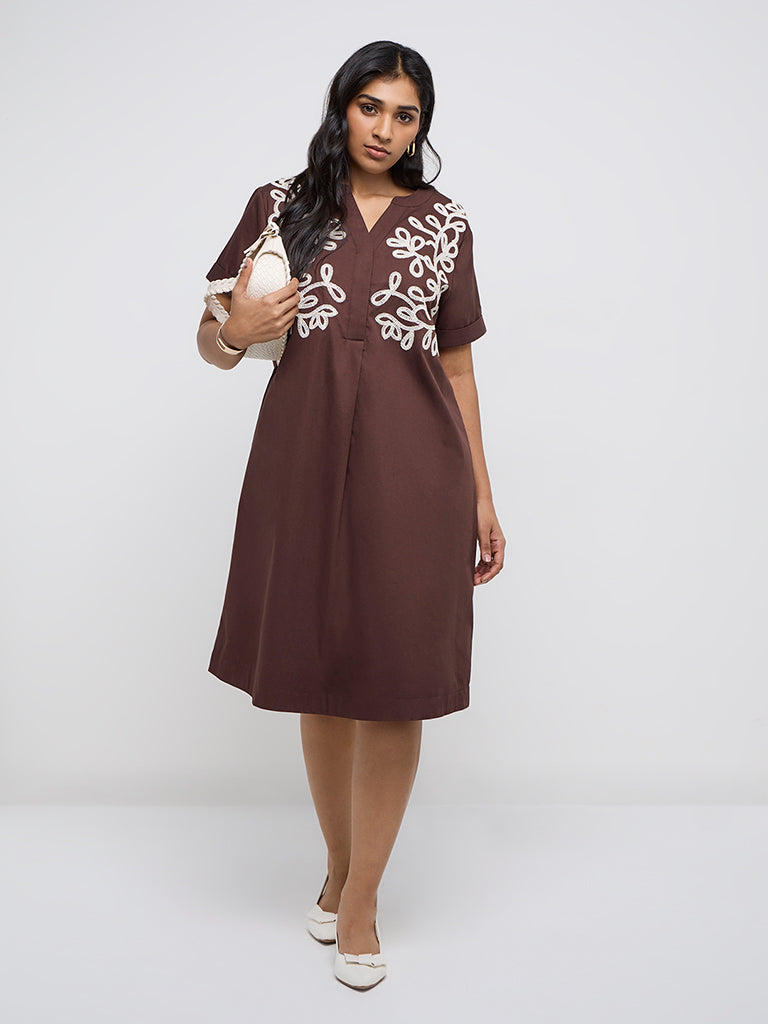 Gia Dark Brown Embroidered Cotton A-Line Dress