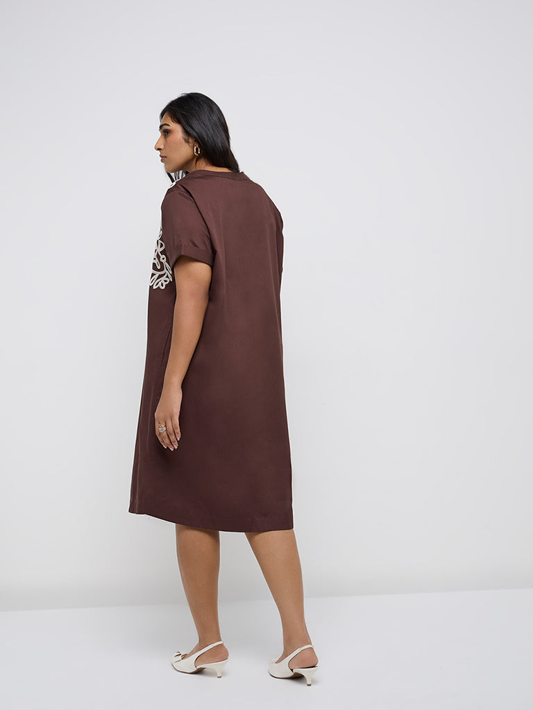 Gia Dark Brown Embroidered Cotton A-Line Dress