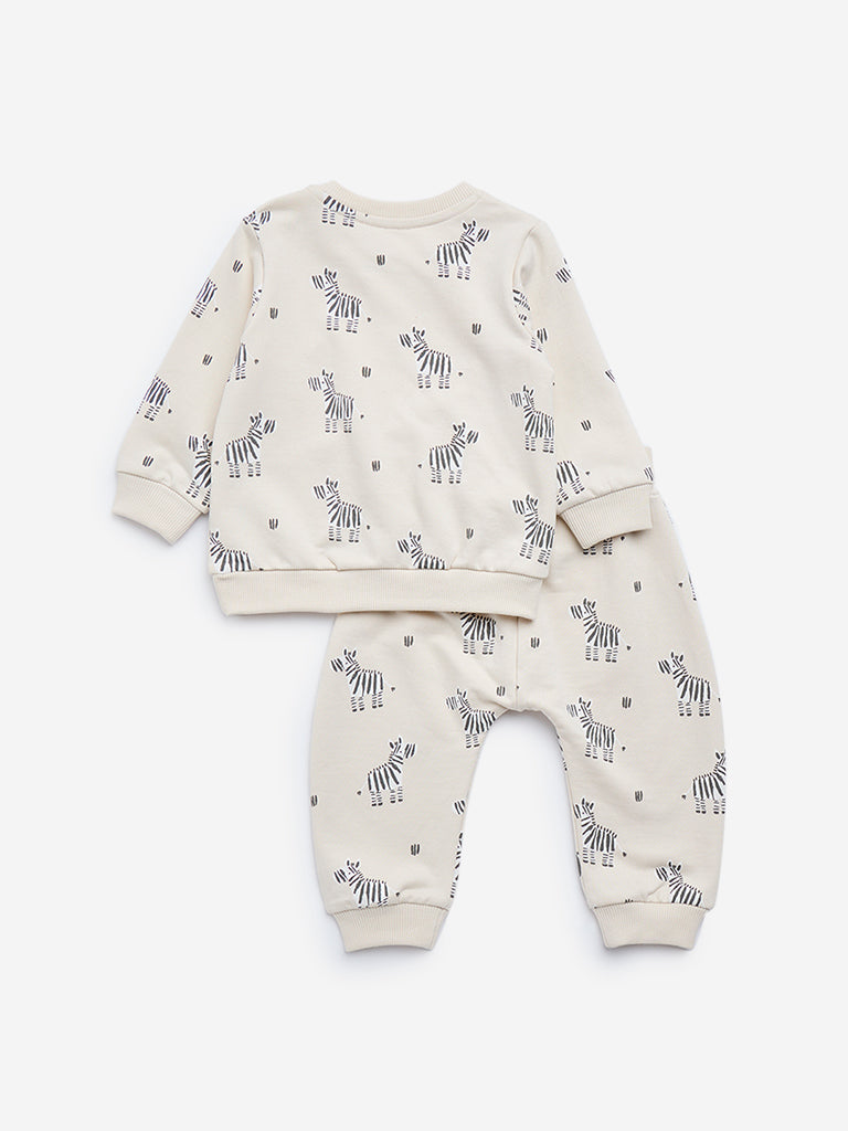 HOP Baby Off-White Printed Cotton Sweatshirt & Joggers Set