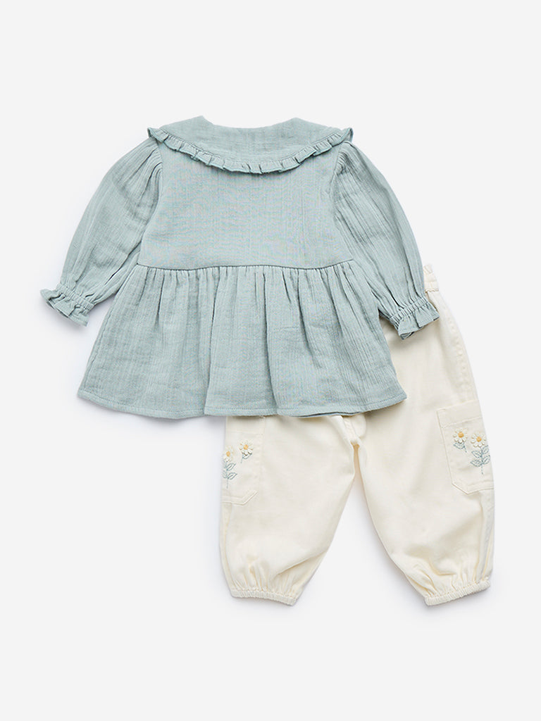 HOP Baby Sage Embroidered Cotton-Blend Top with Pants Set