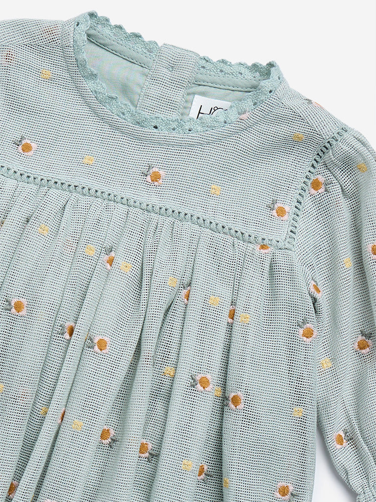 Westside HOP Baby Girl's Green Floral Embroidered Cotton-Blend A-Line Dress for Casual Wear Zoomed View