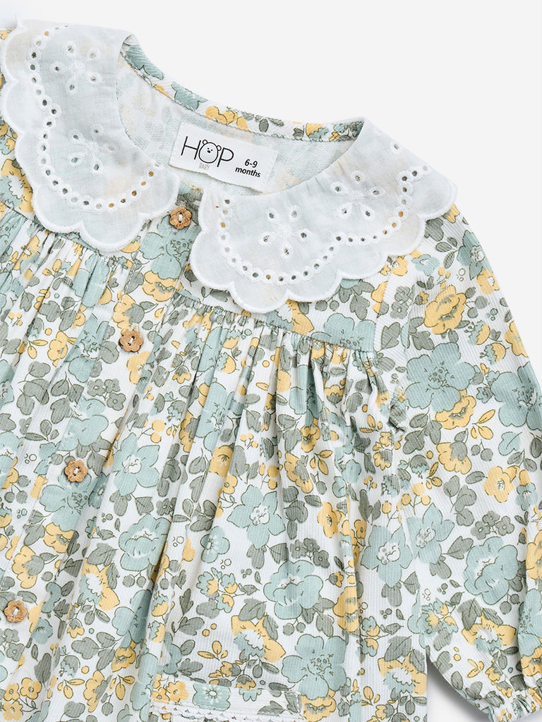 Westside HOP Baby Girl's Green Floral Print Fit-and-Flare Cotton Dress for Casual Wear Zoomed View