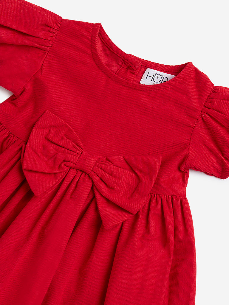 HOP Baby Red Bow-Detailed Fit-and-Flare Cotton Dress