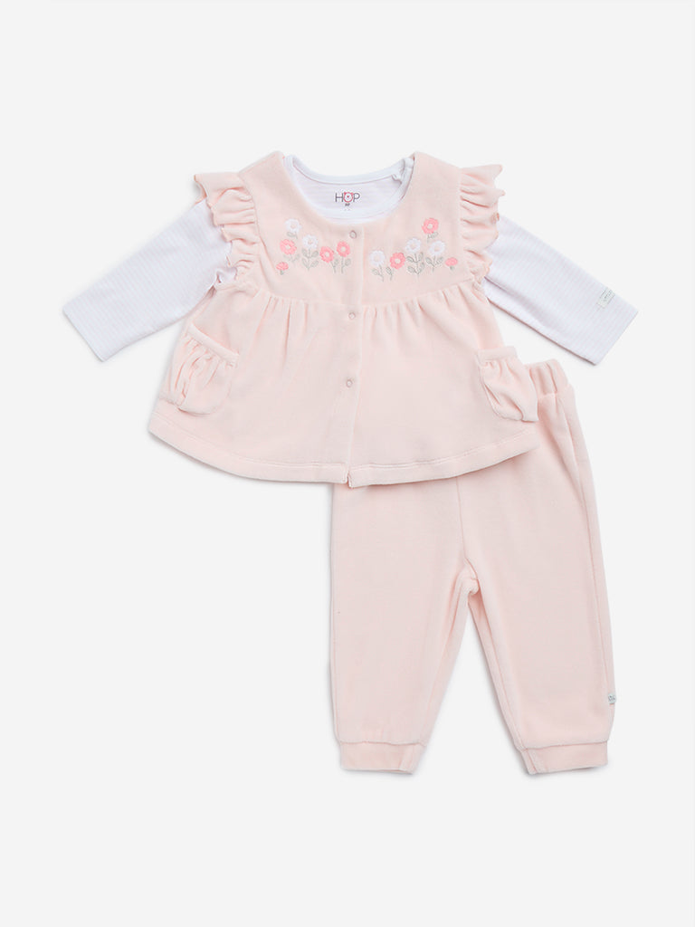 HOP Baby Pink Floral Embroidered Cotton-Blend Dress, T-Shirt and Mid-Rise Pants Set