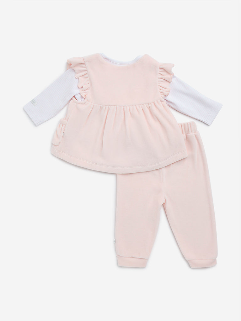 HOP Baby Pink Floral Embroidered Cotton-Blend Dress, T-Shirt and Mid-Rise Pants Set