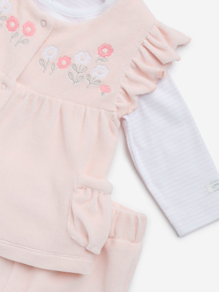 HOP Baby Pink Floral Embroidered Cotton-Blend Dress, T-Shirt and Mid-Rise Pants Set
