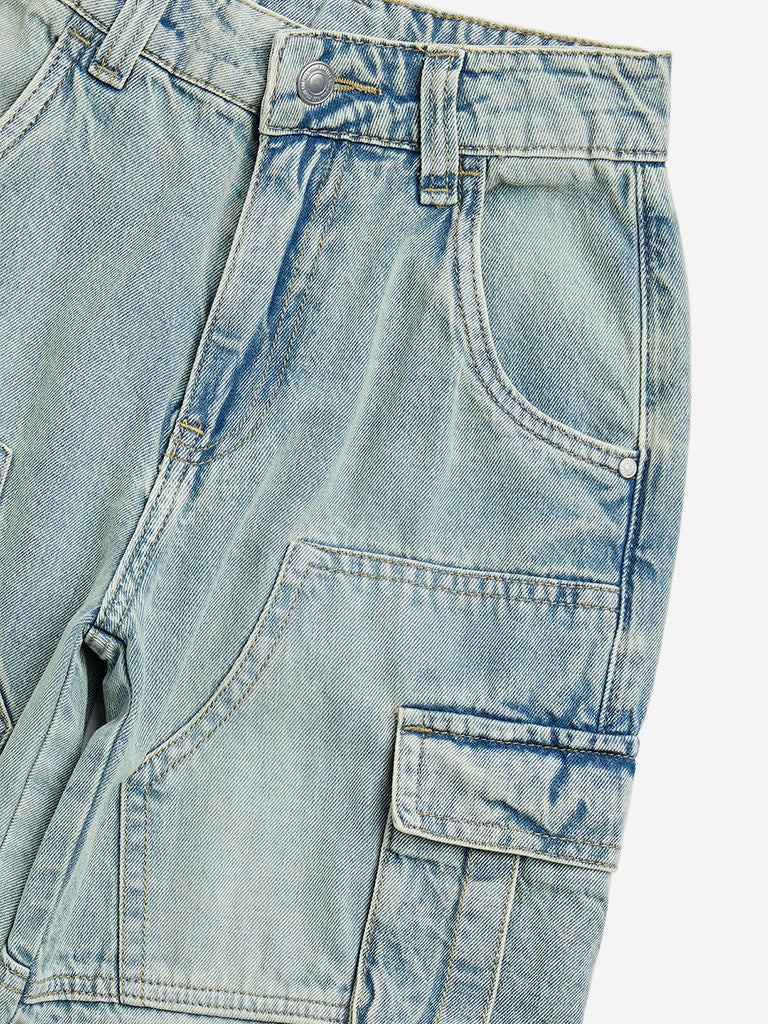 Westside Y&F Boy's Light Blue Straight-Fit High-Rise Cargo Jeans for Casual Wear Zoomed View