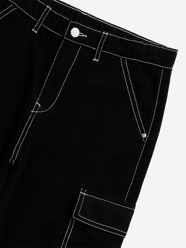 Westside Y&F Boy's Black Cargo-Style Mid-Rise Cotton Trousers for Casual Wear Zoomed View