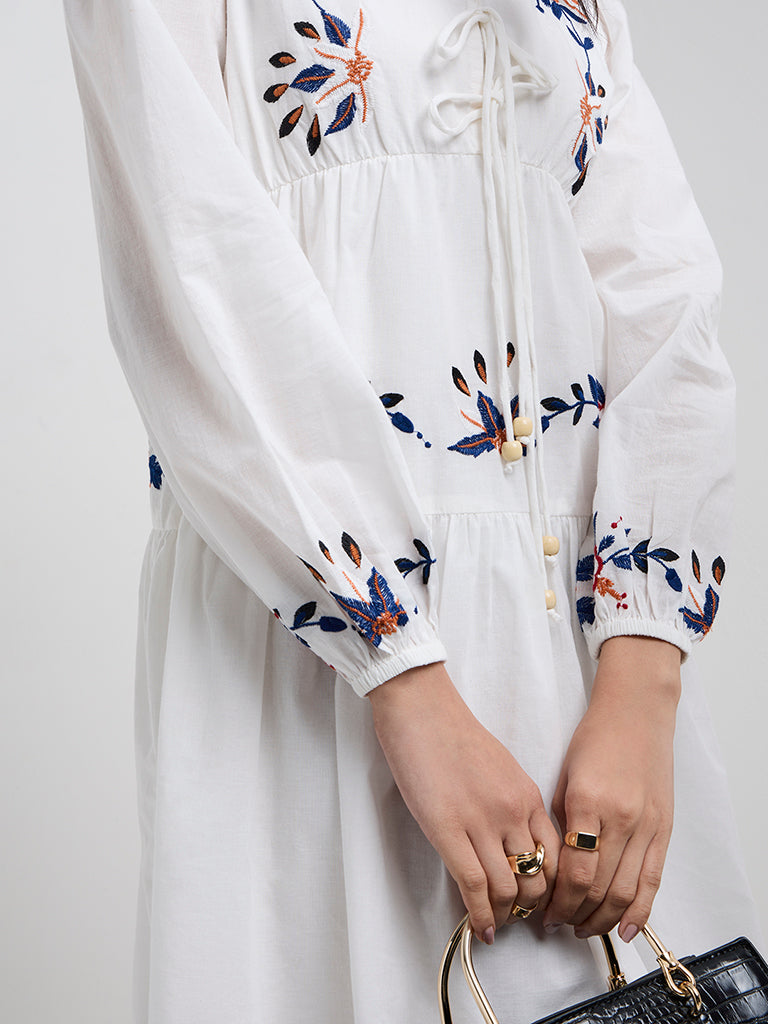LOV White Embroidered Cotton A-Line Dress