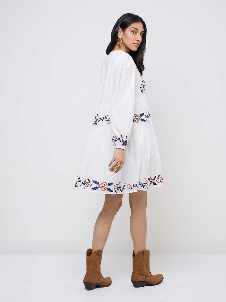 LOV White Embroidered Cotton A-Line Dress