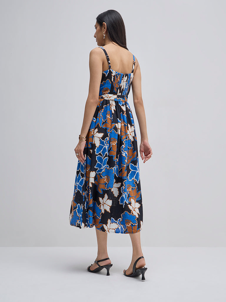 LOV Multicolour Floral Print Cotton A-Line Dress with Belt