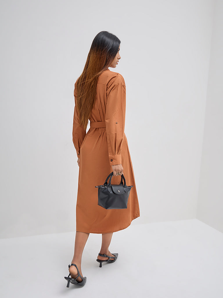 LOV Orange Cotton A-Line Dress with Belt