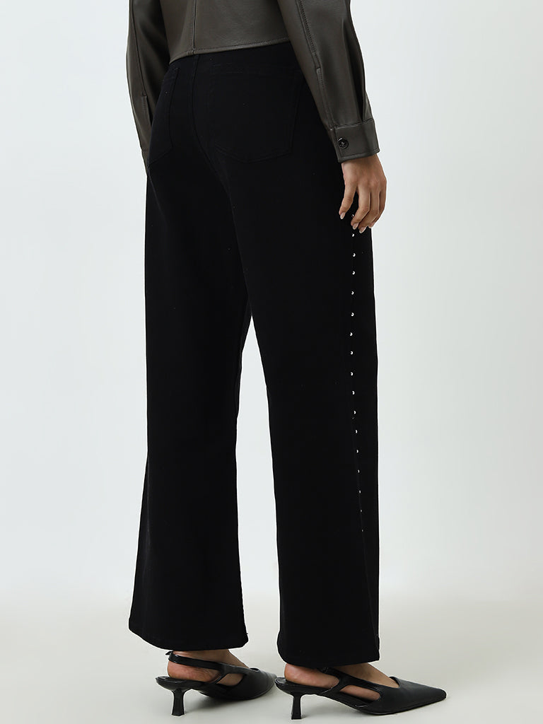 LOV Black Embellished Wide-Leg High-Rise Jeans