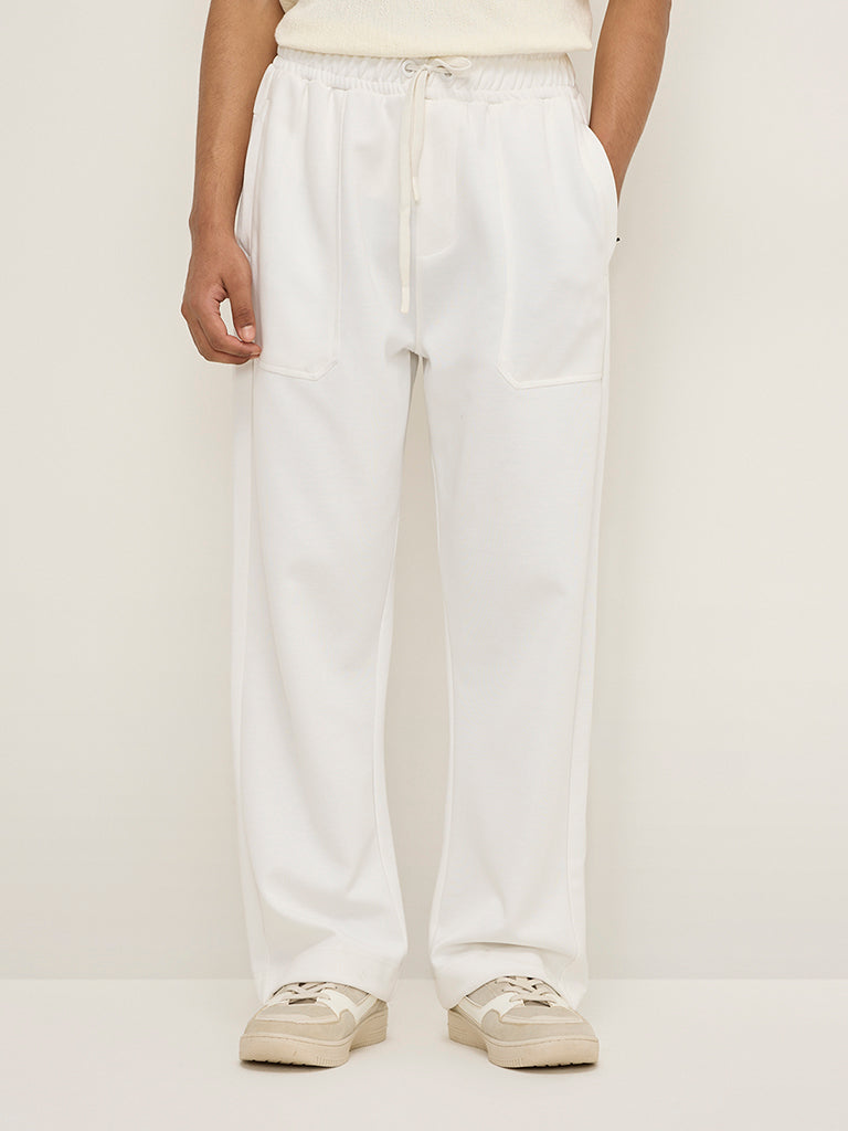 Studiofit White Relaxed-Fit Mid-Rise Cotton-Blend Track Pants