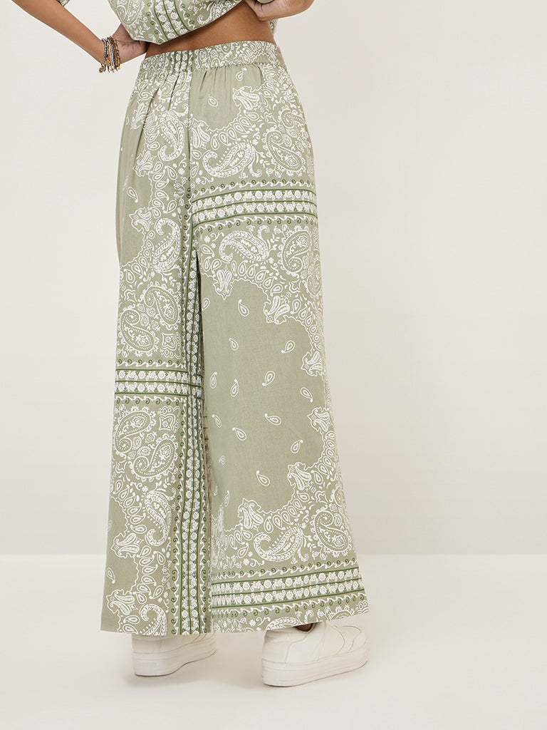 Westside Bombay Paisley Women's Sage Paisley Printed High-Rise Wide Leg Cotton-Blend Pants for Everyday Back View