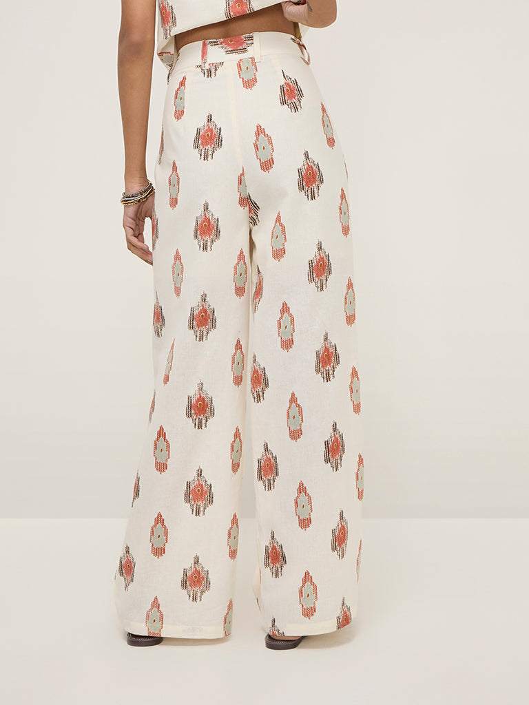 Westside Bombay Paisley Women's Off-White Printed High-Rise Cotton-Blend Pants for Everyday Back View